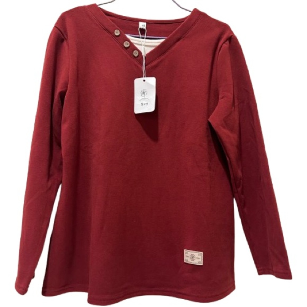 Korean Fashion Women Mock Two-Piece Velvet Long Sleeve Shirt Red/White Size M